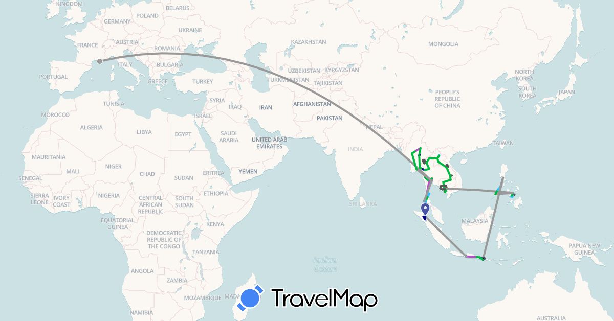 TravelMap itinerary: driving, bus, plane, train, boat, motorbike in France, Indonesia, Cambodia, Laos, Myanmar (Burma), Philippines, Thailand (Asia, Europe)